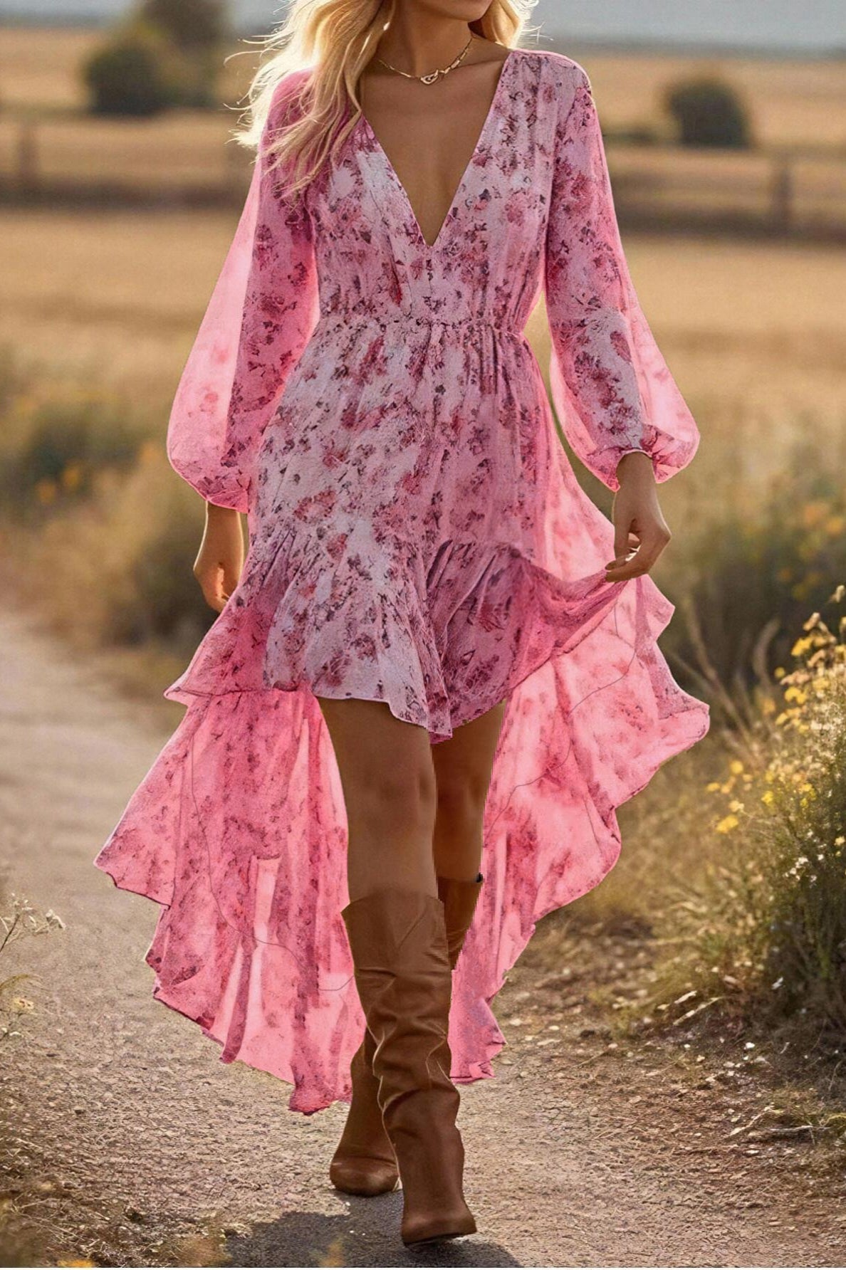 Bohemian V Neck Floral Asymmetric Hem Long Sleeve Boho Dress Secondary image