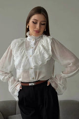 Chiffon Ruffle High Neck Long Sleeve Top