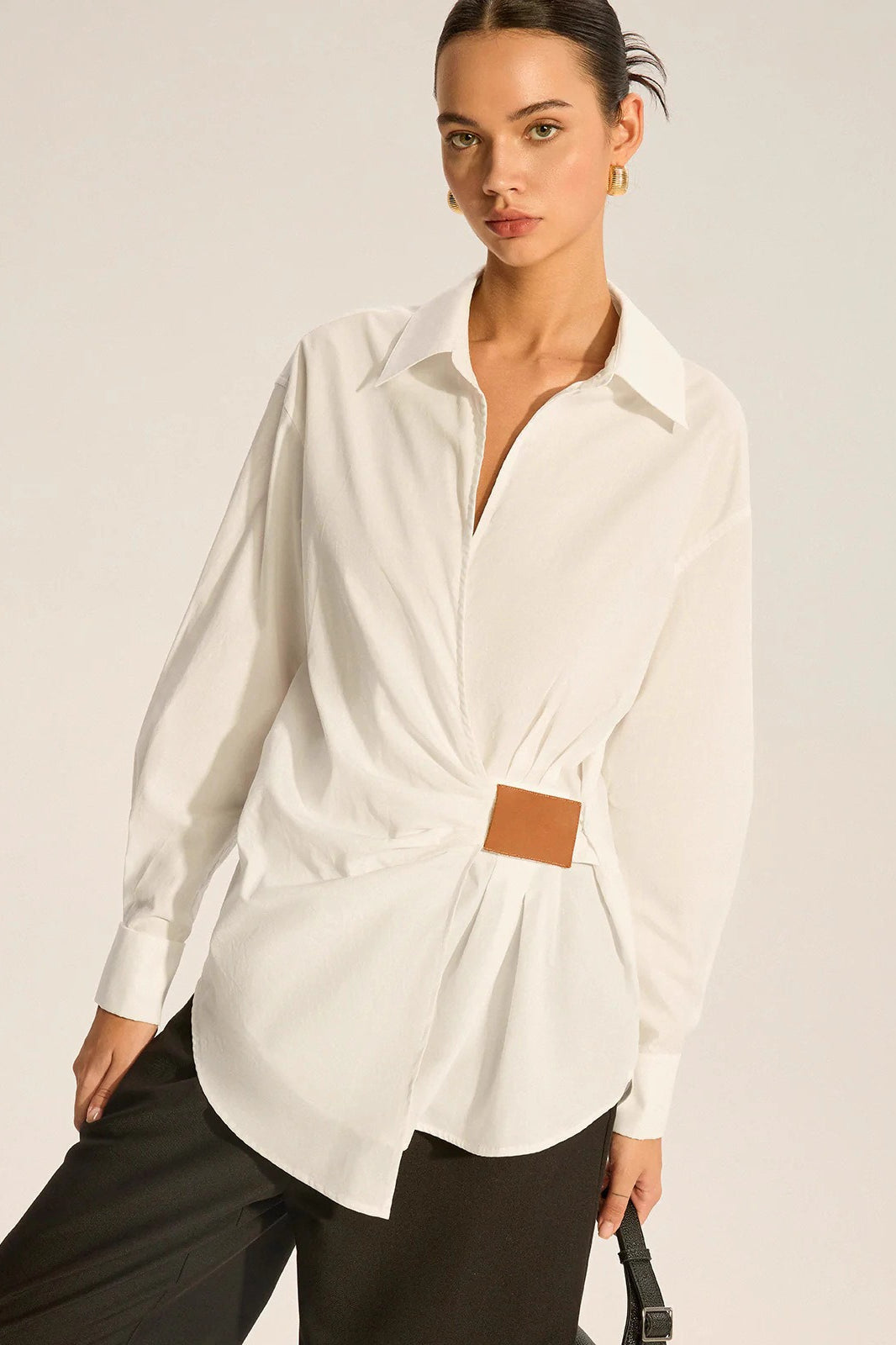 Faux Leather Panel Ruched Collared Slim Versatile Blouse Secondary image