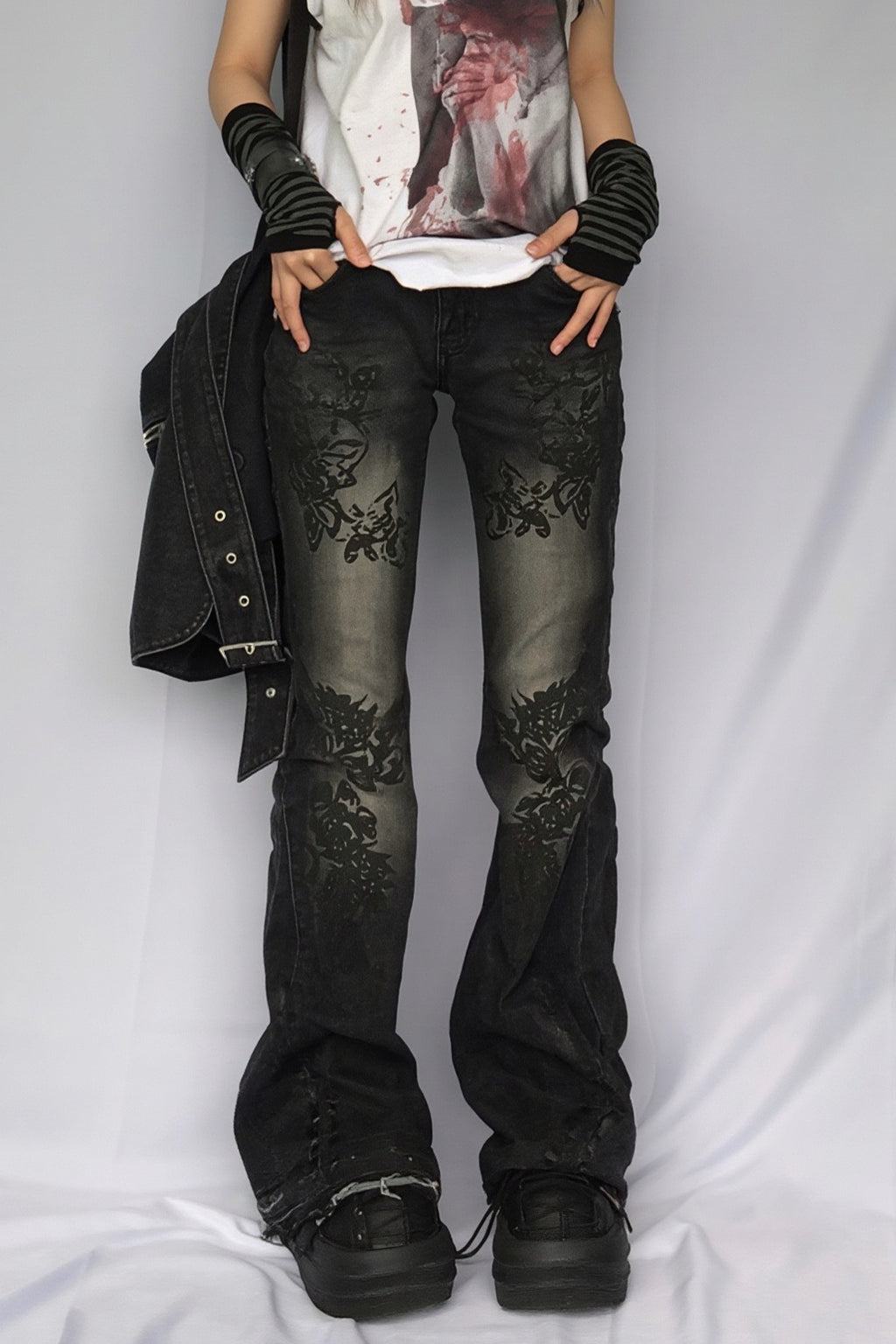 Gothic Print Low Rise Flare Jeans