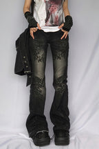 Gothic Print Low Rise Flare Jeans