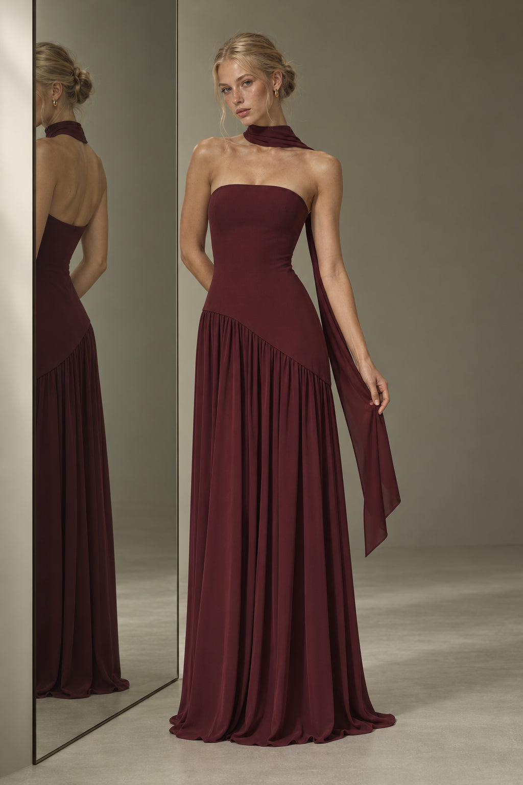 Strapless Scarf Detail Slit Maxi Dress