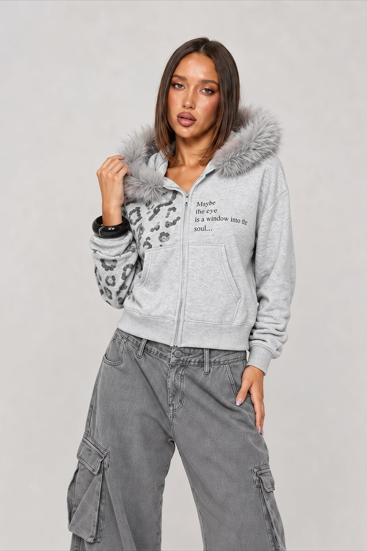 Faux Fur Leopard Panel Zip Front Hoodie Main image