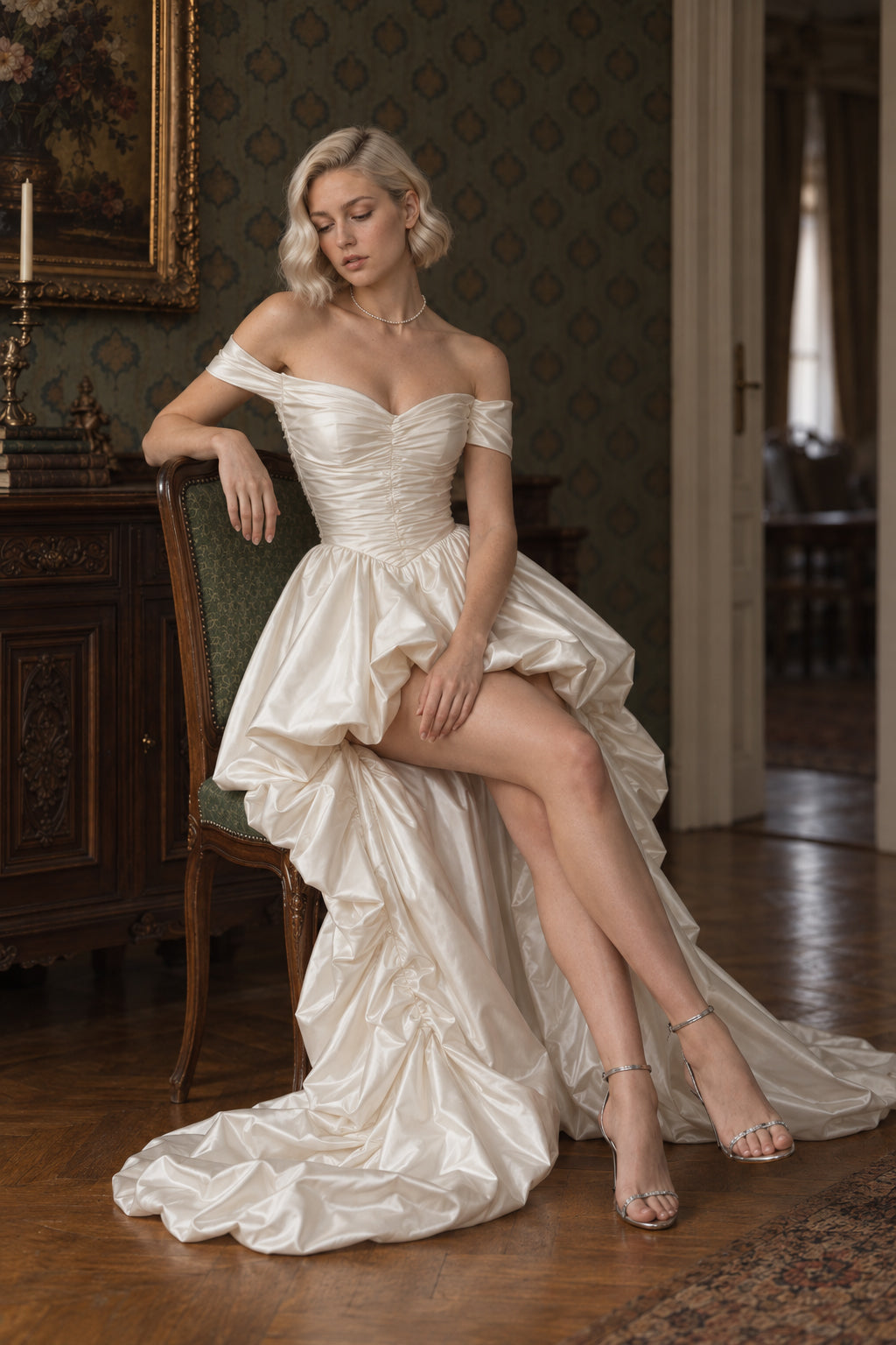 Satin Off Shoulder High Low Reception Dress