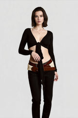 Wrap Tie V Neck  Long Sleeve Cropped Crop Top