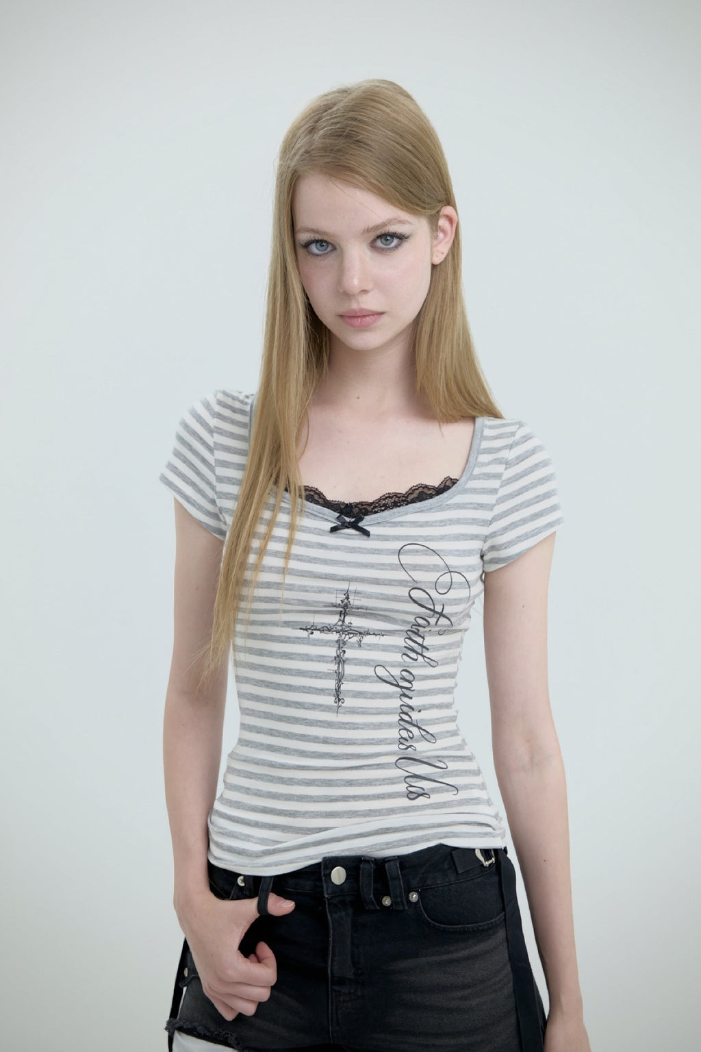 Cross Print Lace Trim Layered T-Shirt