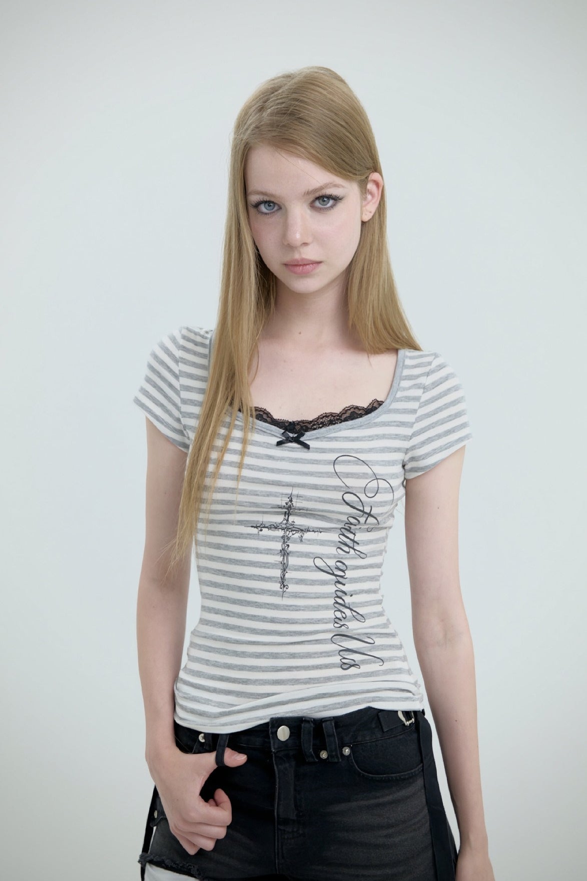 Cross Print Lace Trim Layered T-Shirt