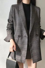 Plaid Double-Breasted Long Blazer