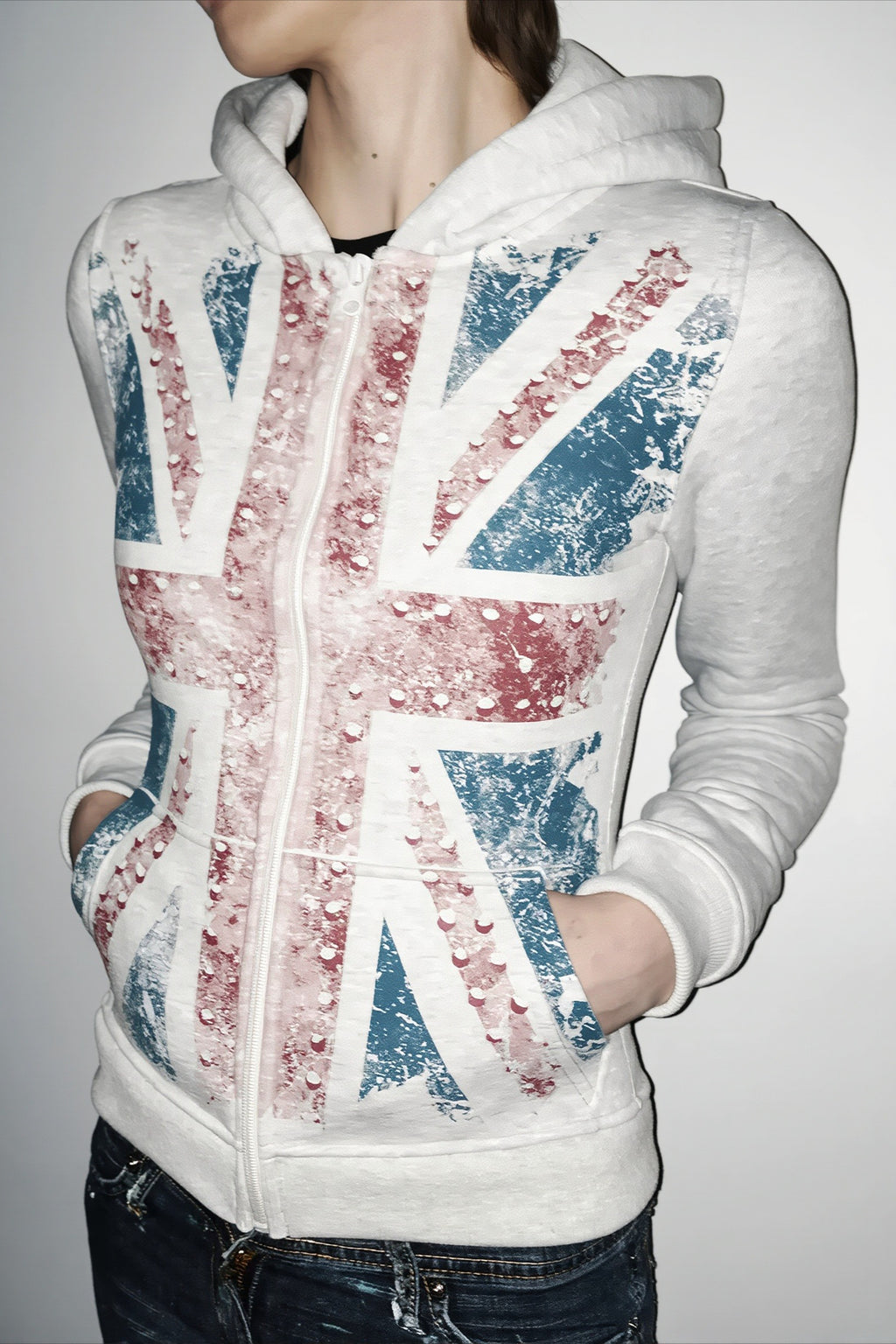 Distressed Union Jack Rhinestone Full Zip Hoodie