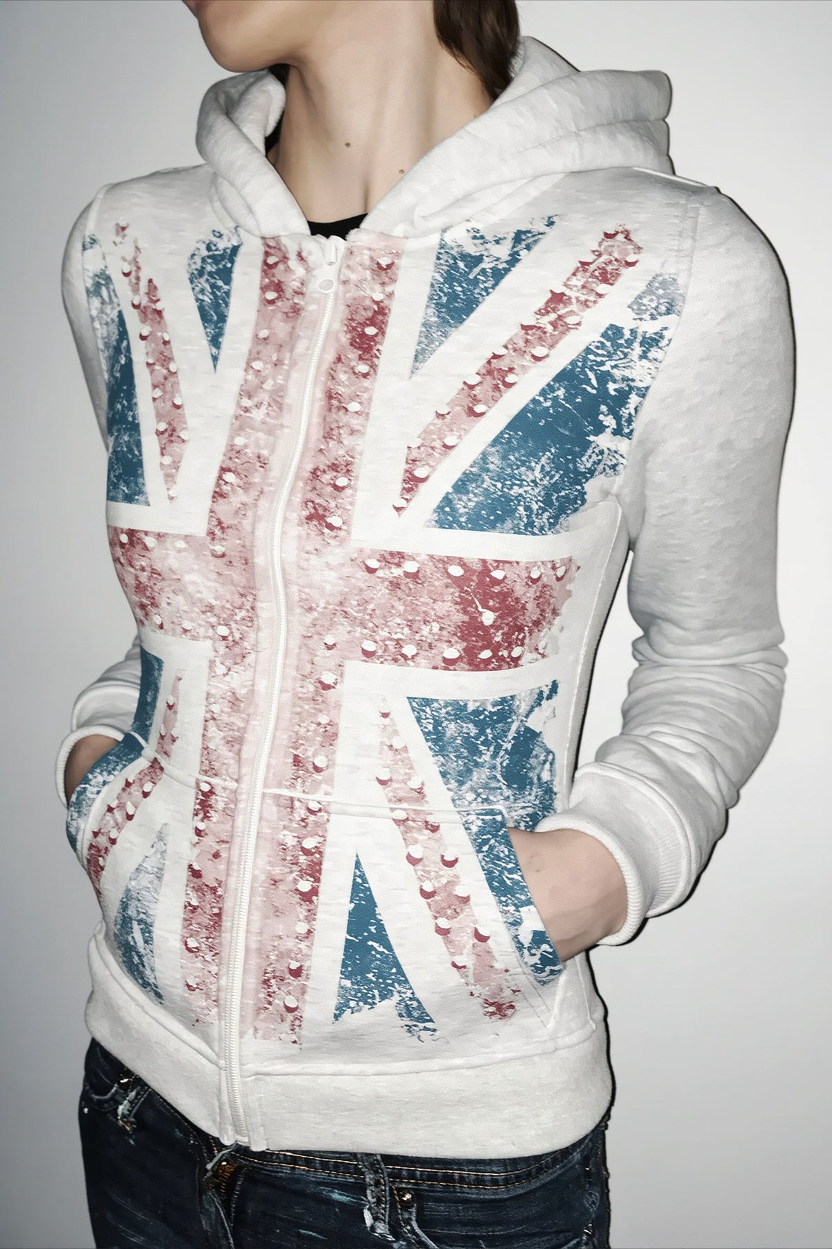 Distressed Union Jack Rhinestone Full Zip Hoodie