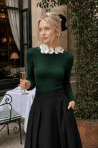 Solid Long Sleeve Floral Knit Top