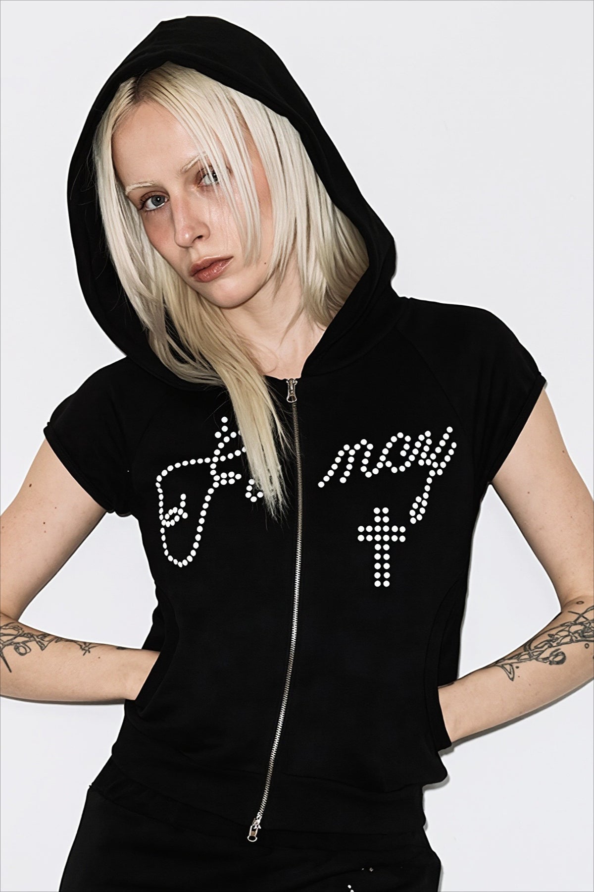 Rhinestone Cross Short Sleeve Zip Hoodie