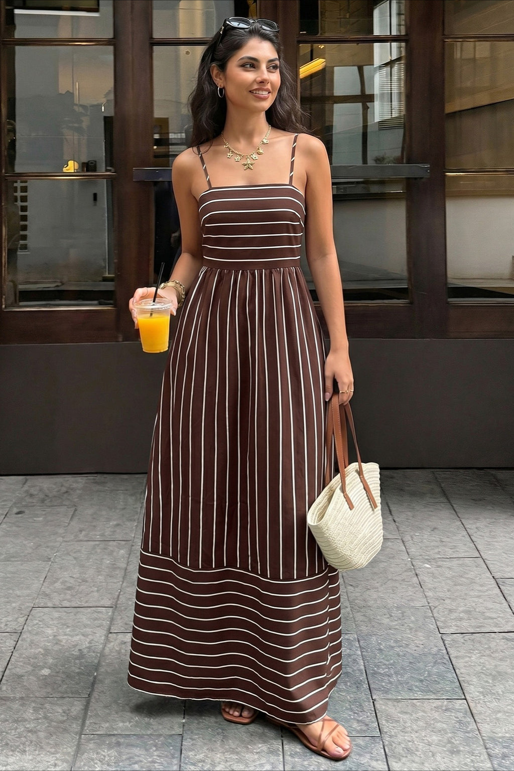 Striped Cami Backless Cutout Midi Dress