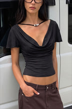 Solid Cowl Neck Short Sleeve Crop Top