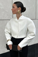 Chic White Boucle Cropped V Neck Coat