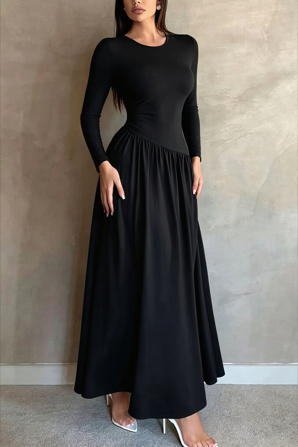 Scoop Neck Drop Waist Flared Maxi Dress