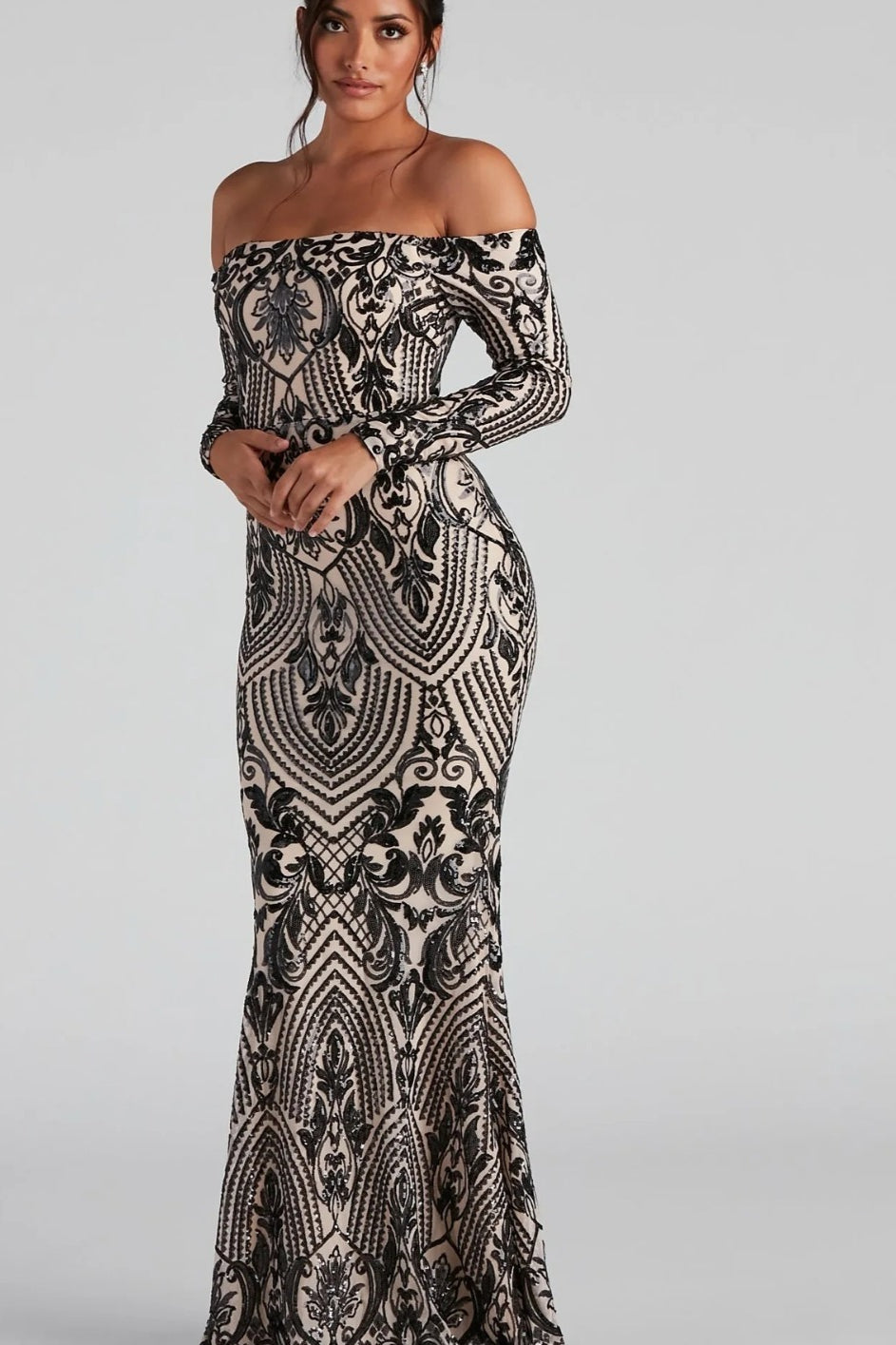 Boat Neck European Trendy Formal Evening Maxi Sequin Dress Main image