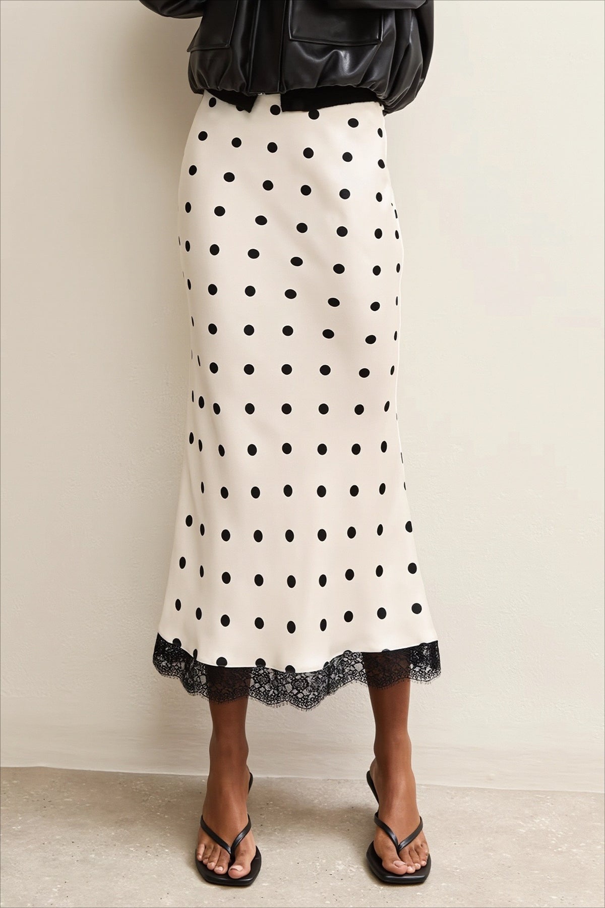 Polka Dot Lace Trim Column Midi Skirt