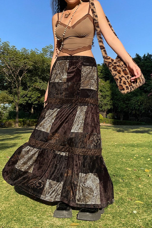 Vintage Inspired Color Block Velvet Skirt Main image
