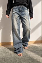 Embroidered Slouchy Straight Denim Trousers