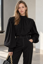 Elegant Blouse Black Sleeves Blouse Lantern Oversized and Vintage with Up Button Women's Detail