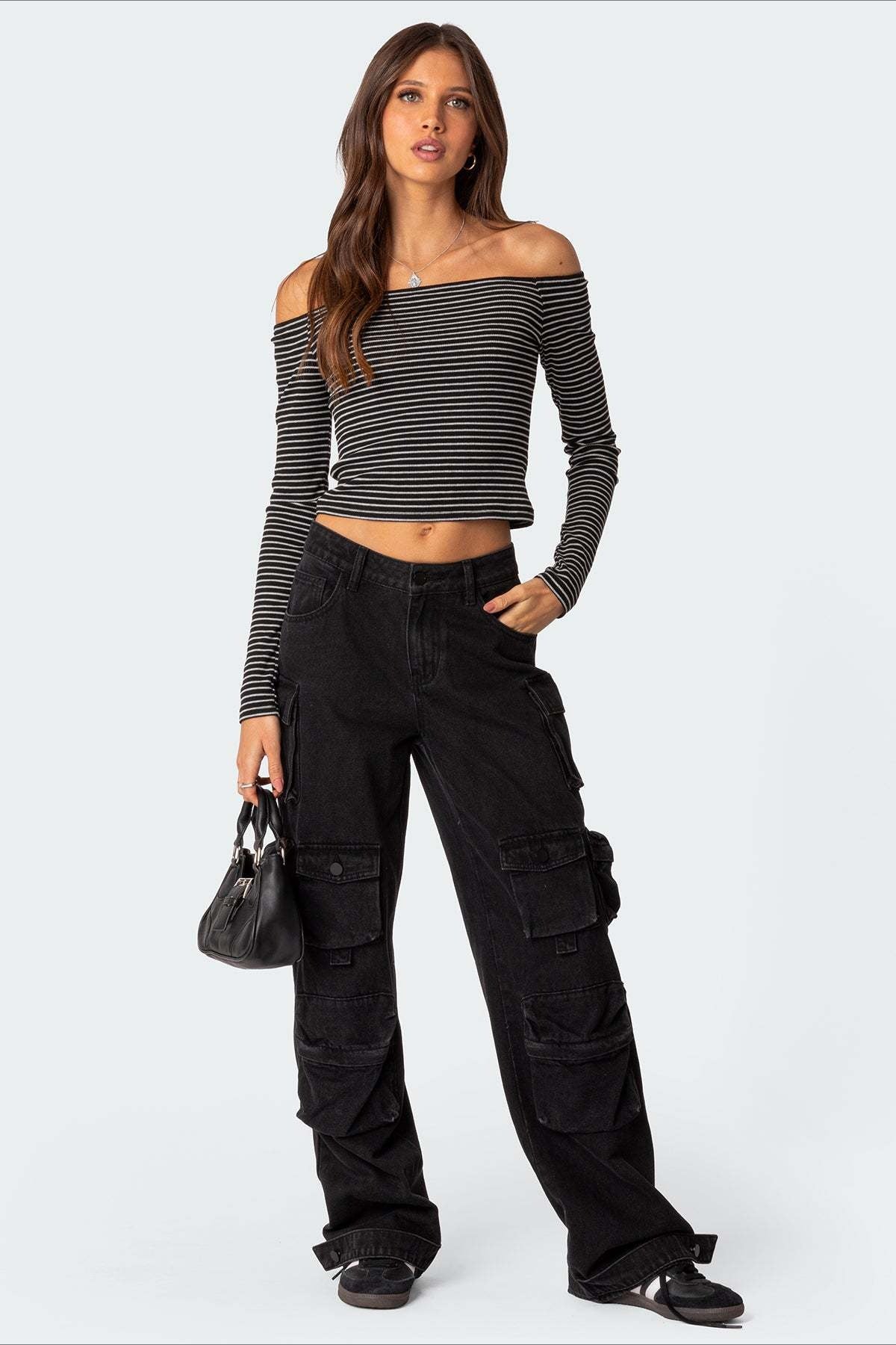 Striped Off Shoulder Bodycon Knit Top Secondary image