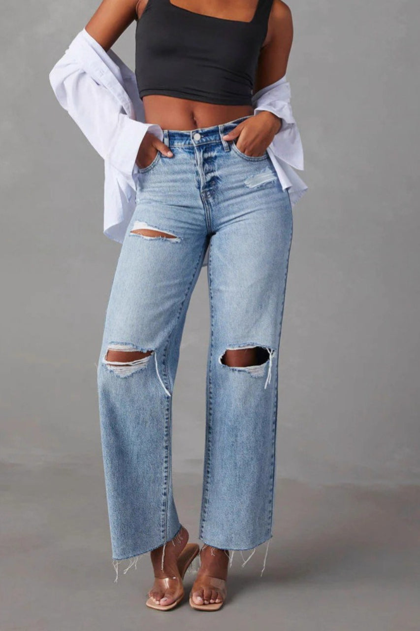 Distressed Ripped Raw Hem Washed Straight Jeans Main image