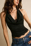Lace Panel Cowl Neck Halter Tie Crop Top