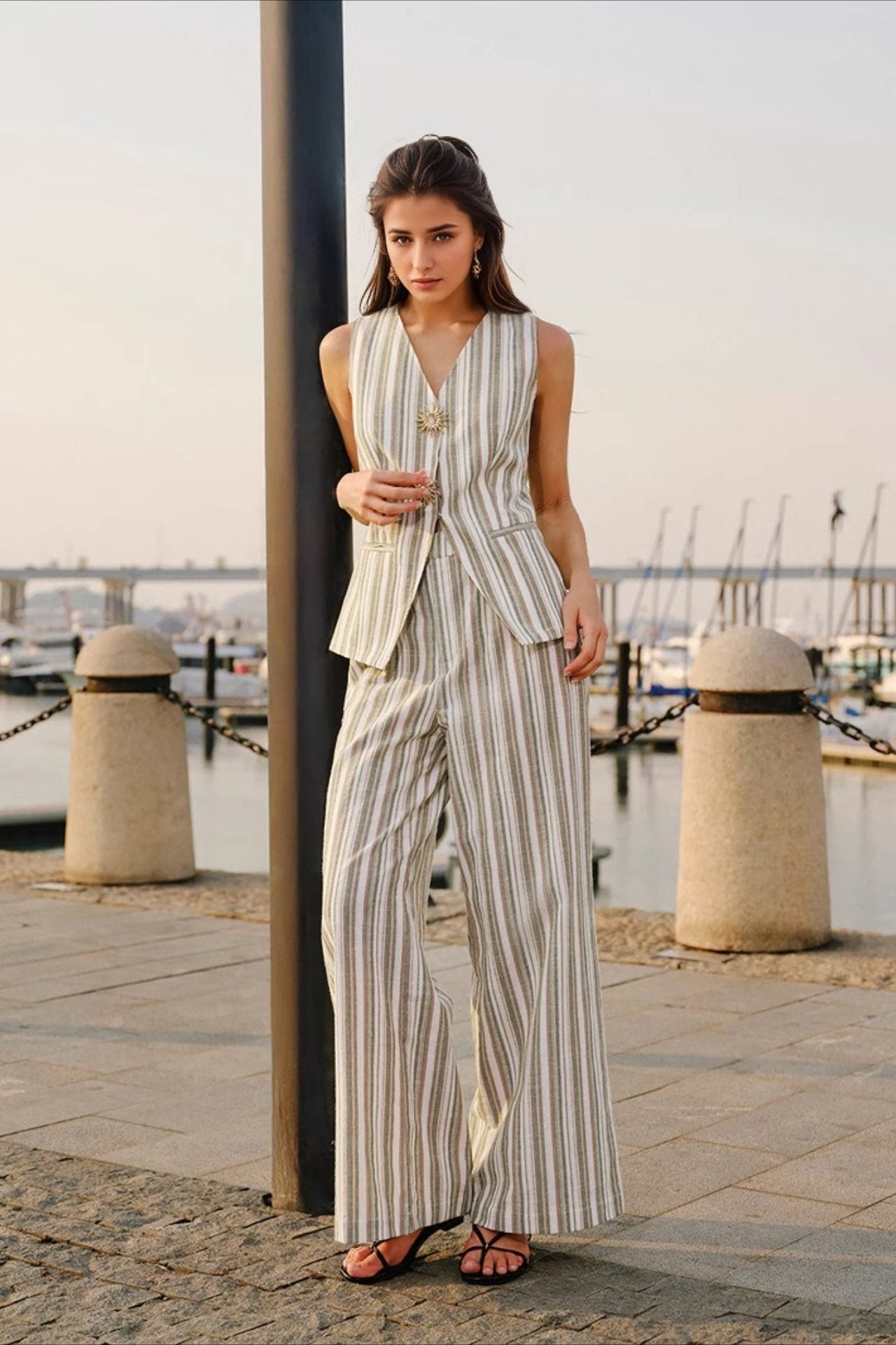 Striped Tank Top Wide Leg Loose Elegant Two Piece Set Main image