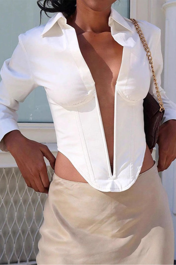 Deep V Neck Collared Long Sleeve Top Main image
