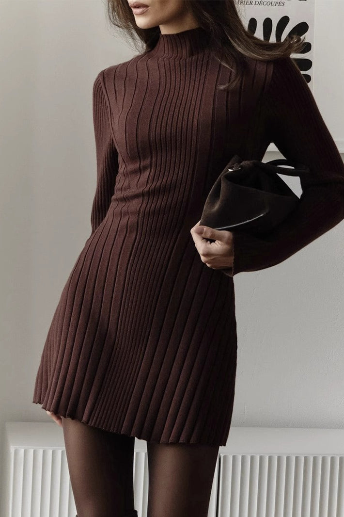 Elegant Playful Mock Neck Long Sleeve A-Line Mini Knit Sweater Dress Main image