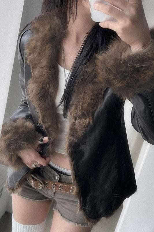 Fur Collar Panel Leather Jacket Secondary image