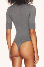 Knit Collared Short Sleeve Stretch Slim Bodysuit