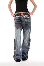 Double Waist Stripe Panel Baggy Streetwear Jeans