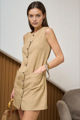 Sleeveless Button Front Tie Work Dress