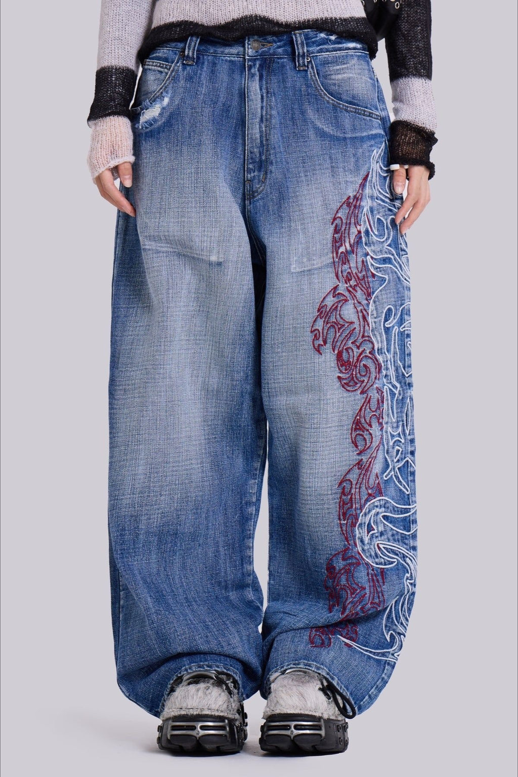 Paisley Embroidered Washed Wide Leg Jeans