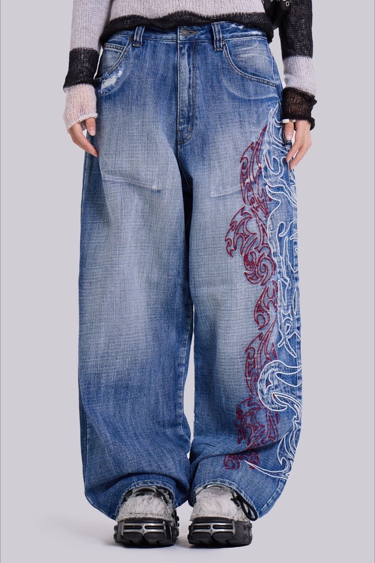 Paisley Embroidered Washed Wide Leg Jeans