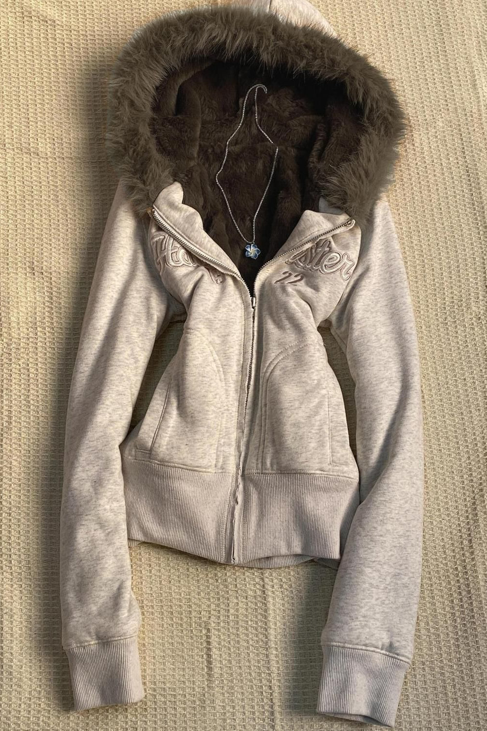Embroidered Fur Trim Cropped Zip Hoodie Secondary image
