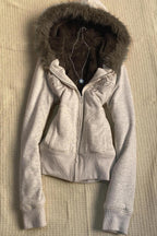Embroidered Fur Trim Cropped Zip Hoodie