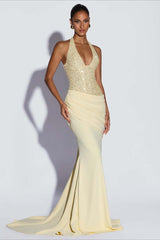 Sequin Patch Halter Deep V Ruched Train Maxi Bodycon Dress