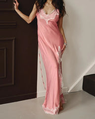 Satin Spaghetti Strap Split Lace Dress