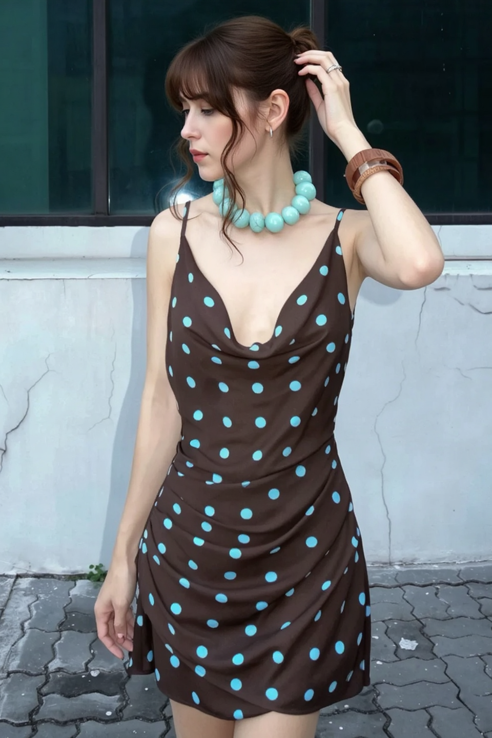 Polka Dot Cowl Cross Tie Back Mini Slip Dress Main image