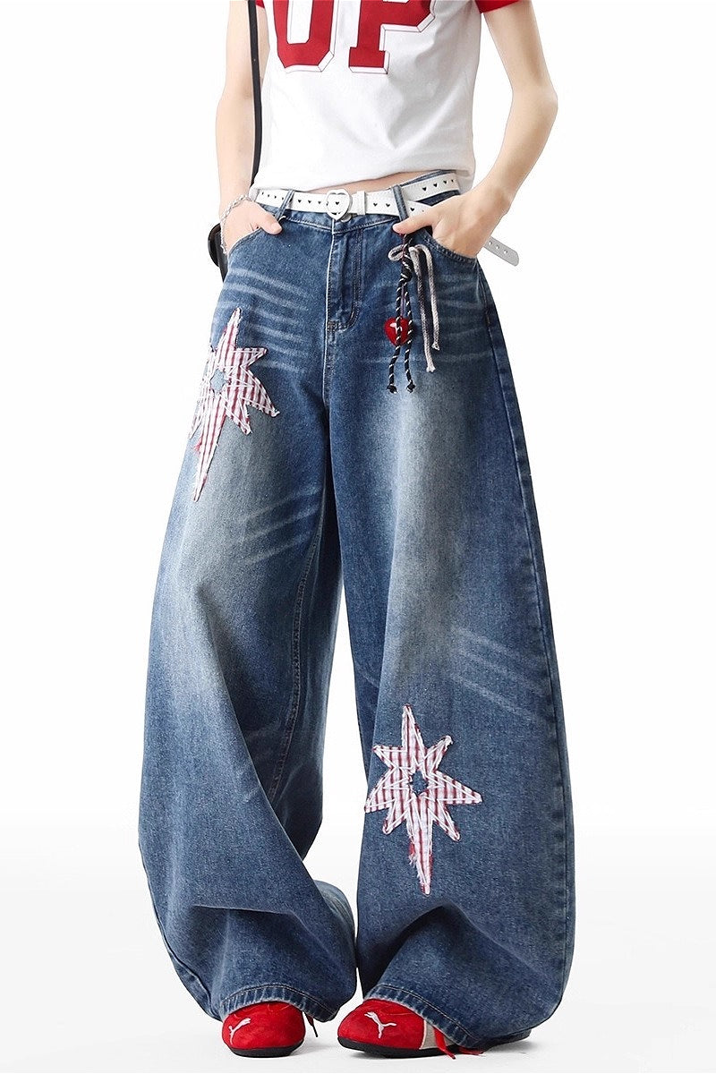 Raised Star Detail Wide Leg Streetwear Jeans