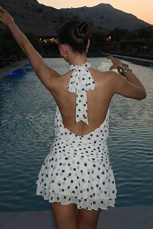 White Polka Dot Halter Backless A Line Mini Dress