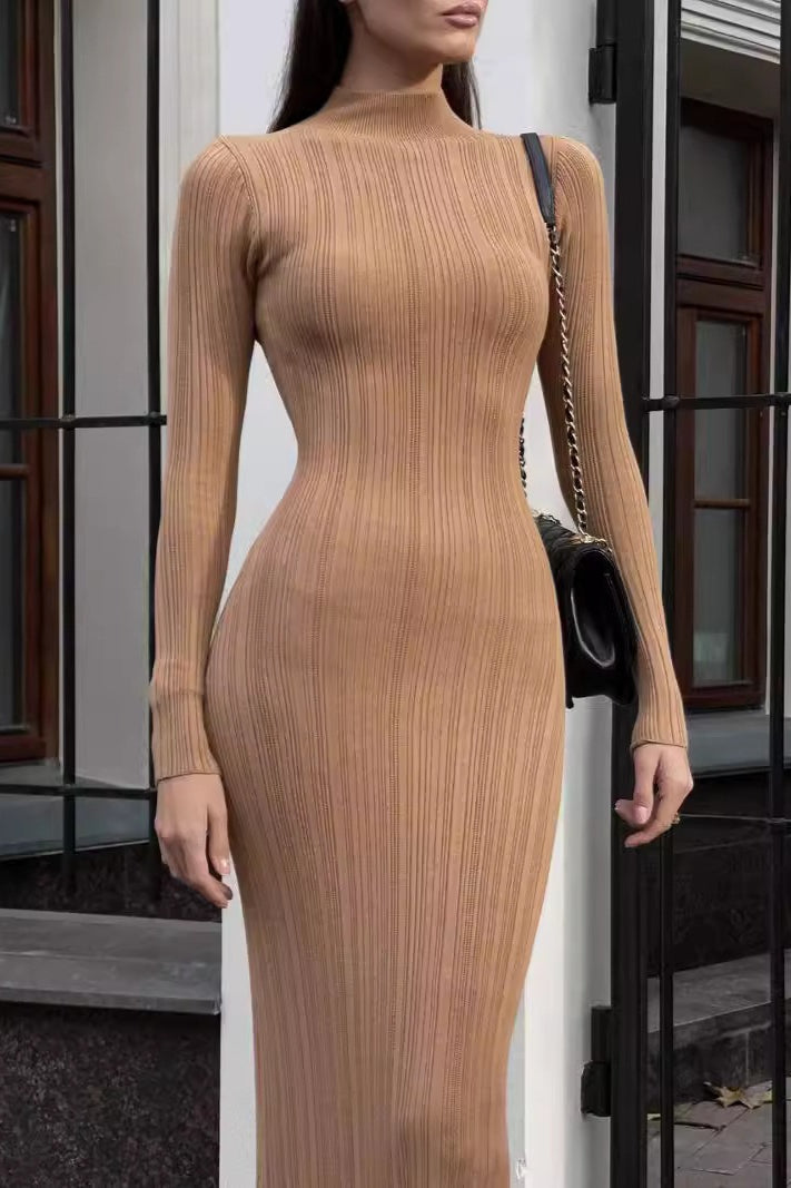 Turtleneck Striped Knit Slim-Fit Long Sleeve Sweater Dress Main image