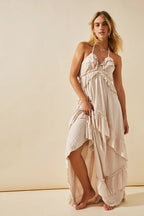 Solid Color V Neck Backless Strappy  Boho Dress