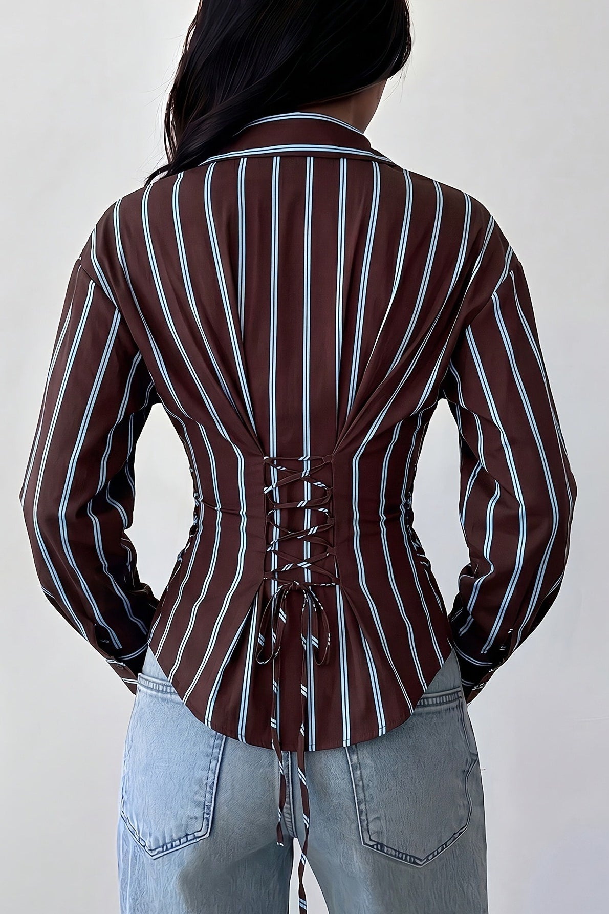 Vertical Stripe Fitted Long Sleeve Button Blouse