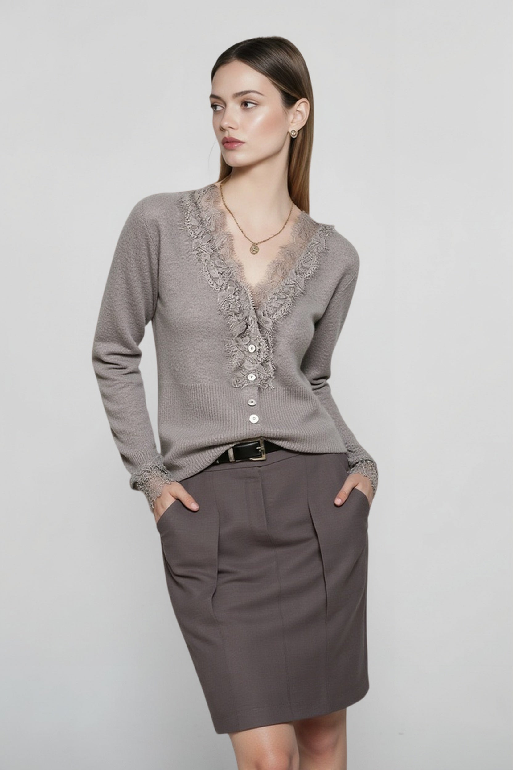 Lace Trim V Neck Cashmere Cardigan Main image