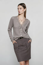 Lace Trim V Neck Cashmere Cardigan