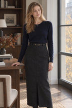 Elegant Striped Faux Wool Belted Casual High Waist A-Line Skirt